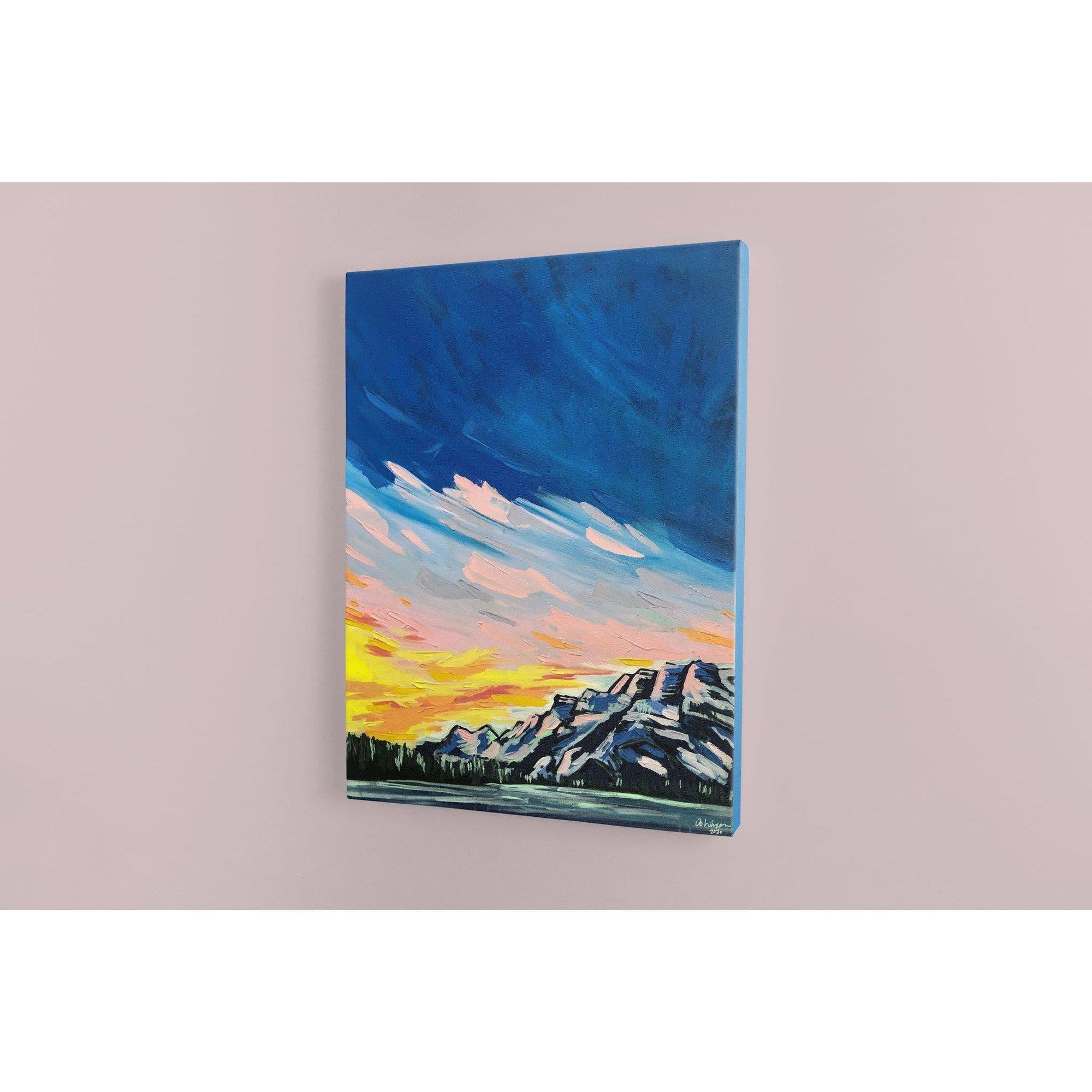 Amy Dixon art artist - Lake Minnewanka, 30x40 original mountain painting banff, alberta